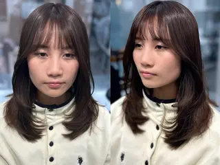 ミディアム カラー パーマ ヘアアレンジ メンズ キッズ レイヤーカット 🌿透け感カラーのヘアスタイル