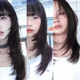 ロング カラー レイヤーカット ハッシュカットのヘアスタイル