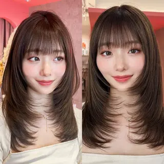 ミディアム カラー 山崎/ボブ縮毛矯正 レイヤー髪質改善のヘアスタイル