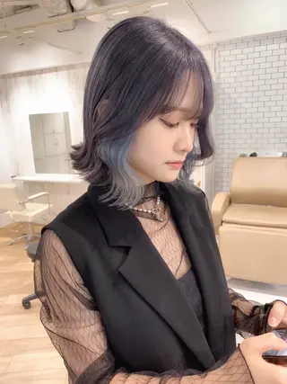 ミディアム カラー 前髪/顔まわりカット 艶髪/髪質改善/縮毛のヘアスタイル