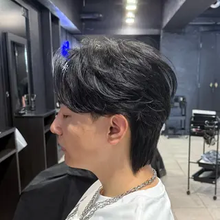 ミディアム パーマ メンズ 難波/メンズウルフ・ フェザーパーマ鶴田文のヘアスタイル