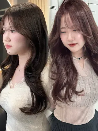 ロング 韓国ヘア/ブリーチ無 しWカラー/オリーブのヘアスタイル