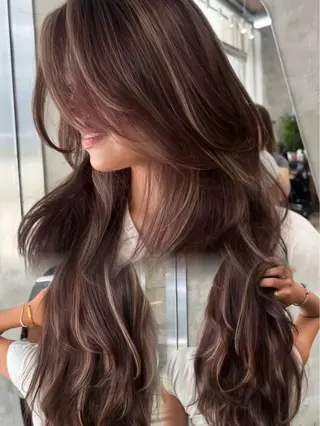 ロング カラー ハイライト、レイヤー カット/西梅田/中西のヘアスタイル