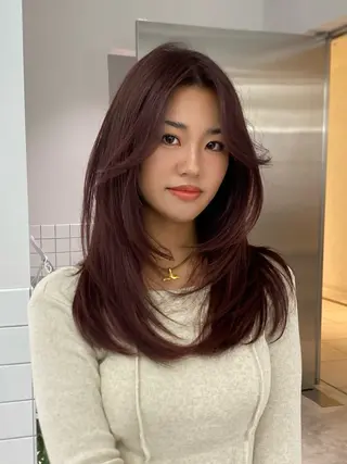 ロング カラー ハイライト、レイヤー カット/西梅田/中西のヘアスタイル