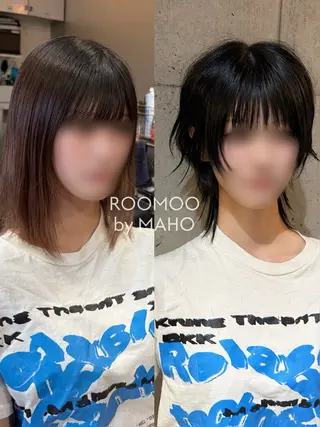 セミロング 韓国リアルハッシュ レイヤーカットのヘアスタイル