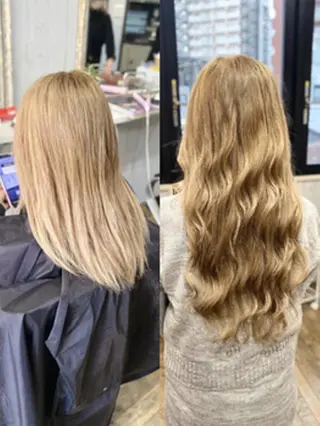 ロング カラー ヘアアレンジ チビ編み込みエクステ シールエクステのヘアスタイル