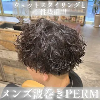 ミディアム パーマ メンズ 艶髪カラー/透明感 美髪/白髪/ﾑﾅｶﾀのヘアスタイル