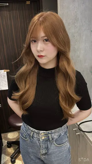 ロング 韓国ヘア/ブリーチ無 しWカラー/オリーブのヘアスタイル