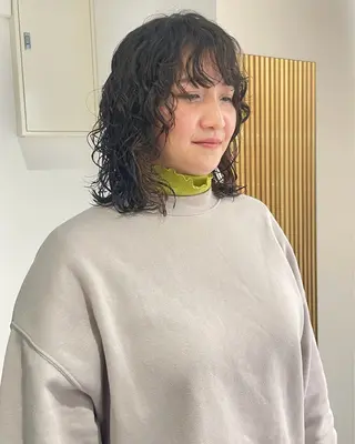 ミディアム パーマ デザインパーマ/ 艶カラー/ボブのヘアスタイル