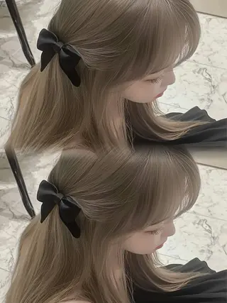 ロング 韓国ヘア/ブリーチ無 しWカラー/オリーブのヘアスタイル