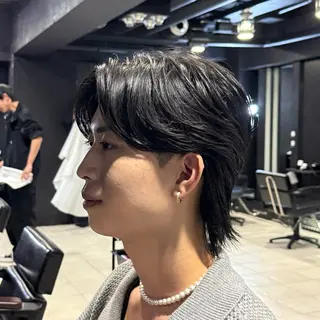 ミディアム パーマ メンズ 難波/メンズウルフ・ フェザーパーマ鶴田文のヘアスタイル