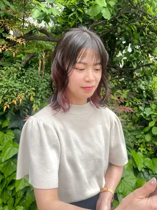 ミディアム ブリーチなしで透け感 暖色カラーボブaoiのヘアスタイル