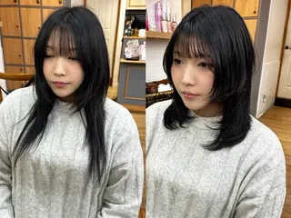 ミディアム カラー パーマ ヘアアレンジ メンズ キッズ レイヤーカット 🌿透け感カラーのヘアスタイル