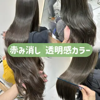 ロング カラー 赤み消し/オリーブ カーキ/福田れんのヘアスタイル