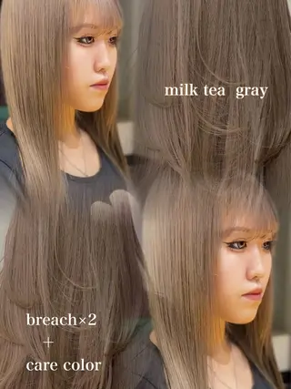 ロング 韓国ヘア/ブリーチ無 しWカラー/オリーブのヘアスタイル