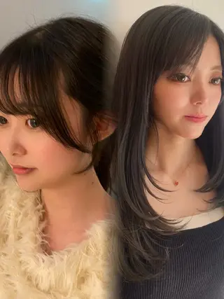 ミディアム カラー ヘアアレンジ 顔周り小顔レイヤー ×ブリーチなしカラーのヘアスタイル