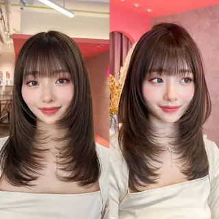 ミディアム カラー 山崎/ボブ縮毛矯正 レイヤー髪質改善のヘアスタイル