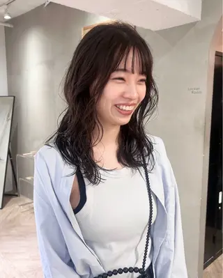 セミロング カラー パーマ レイヤーカット/栄/ 顔周り/キトウモエノのヘアスタイル