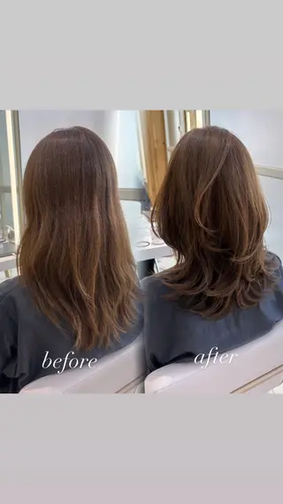 ミディアム かなこ／重めレイヤー ／透明感カラーのヘアスタイル