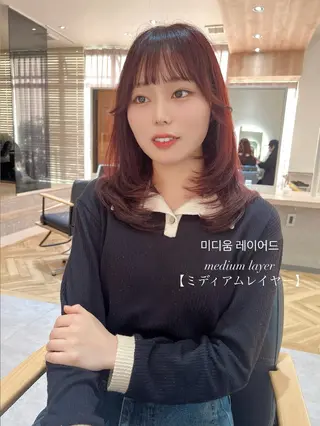 ミディアム カラー 韓国🇰🇷レイヤー 映える顔周り🩷のヘアスタイル