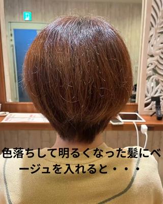 色落ちして明るくなってしまったショートのお客様にカットとベージュを入れて落ち着いたカラーに・・・

パサつきはカラーでカバー出来ますがそこにケア成分たっぷりのトリートメントでツヤと潤いをプラス！！

施術内容は以下の通り

1.カウンセリング
2.カットor筋膜リリースヘッドスパ
3.前処理（毛髪補修）
4.カスタマイズカラー
5.中間処理（薬剤の浸透強化）
6.カスタマイズシャンプー
7.後処理（栄養補給、コンディションを整える）
7.サロンステップトリートメント(超音波アイロントリートメント込み)
8.お仕上げ/スタイリング
9.アフターカウンセリング 