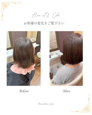 オーダー内容
・結べるギリギリの長さ
・左襟足がはねやすいので収まりよく
・少し変化がほしい
・カラーは前回のでいい（分からない）
　　　　　　︎
ご提案
・サイドの長さは変えず後ろにレイヤーをいれてひし形
　スタイルに
・ネープ部分とトップの質感調節ではねやすい部分を
トップの重みで落ち着かせる
・カウンセリングの中で、クセがあるためパサついて見えやすいというお話から、艶感UPのラベンダーを隠し味にいれる（色味は控えめに）秋カラーのモカグレージュをご提案

私はカウンセリングを何よりも大切にしています
お悩みややってみたいスタイル、
変化がほしいなど
なんでもおっしゃってください 