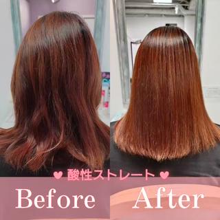 酸性ストレート（髪質改善ストレート）です
トリートメントもプラスしていただくとよりツヤツヤに♡ 