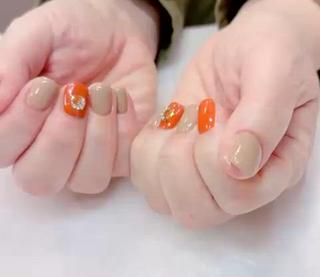 #キラキラネイル#ベージュネイル#オレンジネイル#ワンカラー#冬ネイル 