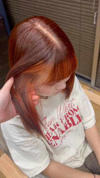 Orange brown × Orange

パキッとしたオレンジはブリーチ1回でできるカラーです！
オレンジブラウンの部分はワンカラーでできます！ 