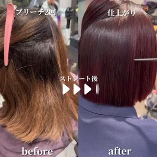 ブリーチしててもストレートできます！

当日カラー施術も可能な酸性ストレート♪
癖に悩むのはもうおしまい！

みんなに褒められる美髪になりましょう

#酸性ストレート #切りっぱなしボブ #原宿ボブ
#タッセルボブ ぷつっとボブ #ボルドー 