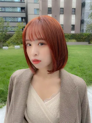 ミディアム たぴ。ぱつっとボブ /暖色艶カラー🍒のヘアスタイル