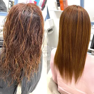 ロング クセ、艶にお悩みの方 ブリーチ毛にも縮毛可のヘアスタイル