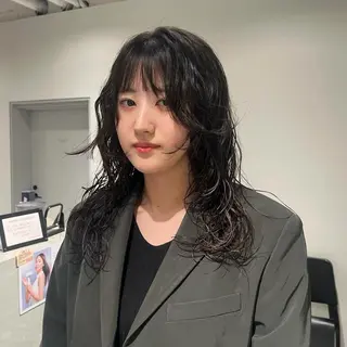 セミロング パーマ カットモデル募集 村上海成のヘアスタイル