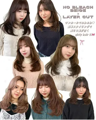 ロング カラー mizuki/ピンク ベージュ.レイヤーのヘアスタイル