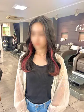 ロング カラー ヘアアレンジ インナー×縮毛矯正 ピンクカラー澤井里菜のヘアスタイル