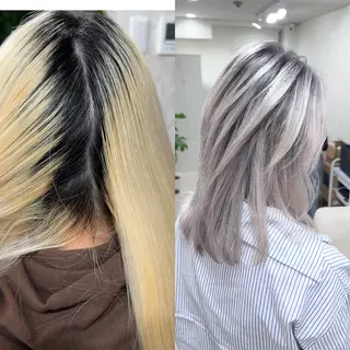 ミディアム 前髪カット🩶レイヤ ー🩶ハイトーン🩶のヘアスタイル