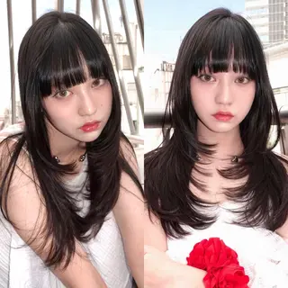 ミディアム カラー レイヤーカット ダブルカラーのヘアスタイル