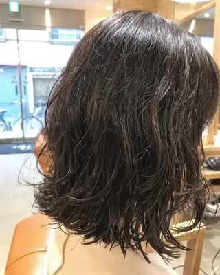 ミディアム パーマ 暖色カラー🍊 ボブ🌿顔周りcutのヘアスタイル