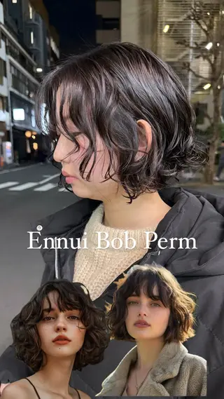 ミディアム パーマ ボブ/プツッとボブ/ 暖色カラー/モエのヘアスタイル