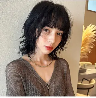 ミディアム パーマ 切りっぱなしボブ /銀座/ケンタロウのヘアスタイル