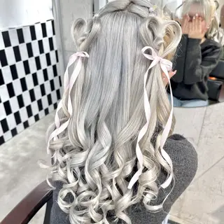 ロング カラー パーマ ヘアアレンジ メンズ キッズ ハイトーン/ピンク 💗モモ໒꒱のヘアスタイル