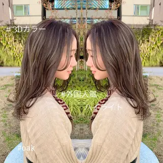 セミロング カラー パーマ 前髪/ハイライト得意 安西駿一 【銀座】のヘアスタイル