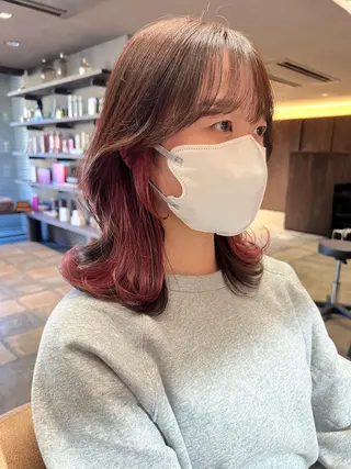 ミディアム カラー レイヤー/顔まわり 縮毛矯正/月城宏清のヘアスタイル