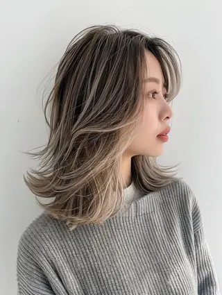 セミロング カラー 梨ア/ボブショート/ ブリーチ無し艶カラーのヘアスタイル