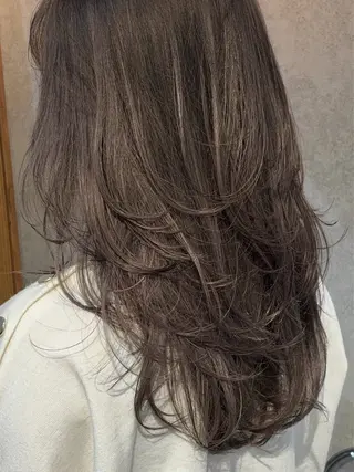 ロング 透明ベージュカラー/ たっぷりレイヤーのヘアスタイル