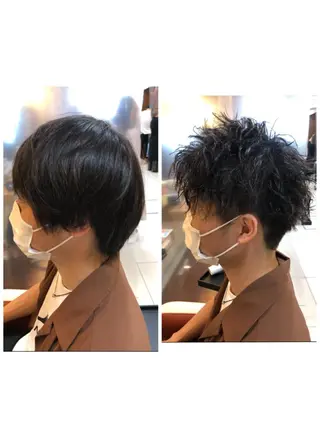 ショート パーマ メンズ 塩谷黎✨ブリーチ無W カラーメンズパーマ✨のヘアスタイル