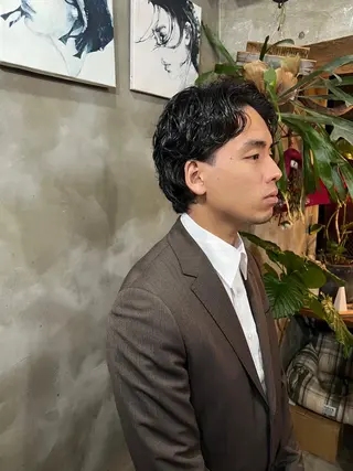 ミディアム パーマ メンズ 木村陸弥 似合わせ 透明感カラー🌿のヘアスタイル