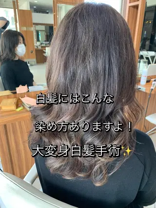セミロング カラー 白髪ぼかしハイライト 柳川拓哉のヘアスタイル