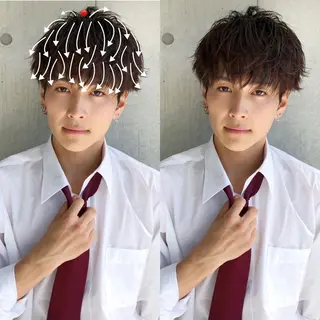 ショート パーマ メンズ 赤み消し🌿 透明感カラー🫧のヘアスタイル