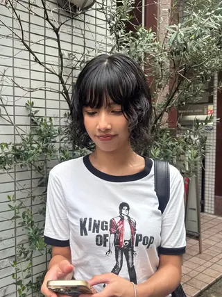 ミディアム パーマ ボブ、メンズカット/ Tamakiのヘアスタイル